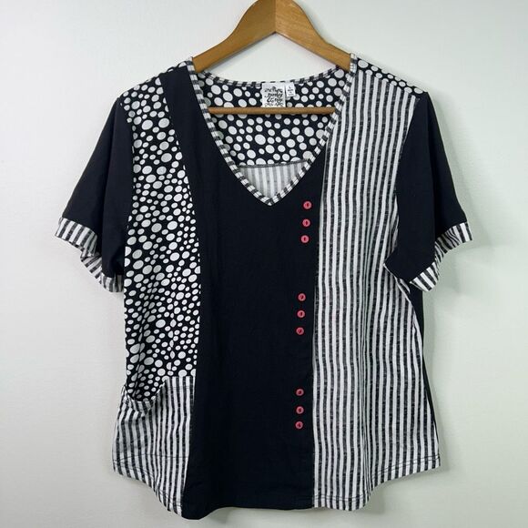 Parsley & Sage Boho Patchwork Top L Black White Polka Dot Stripe Artsy Button - Picture 1 of 11